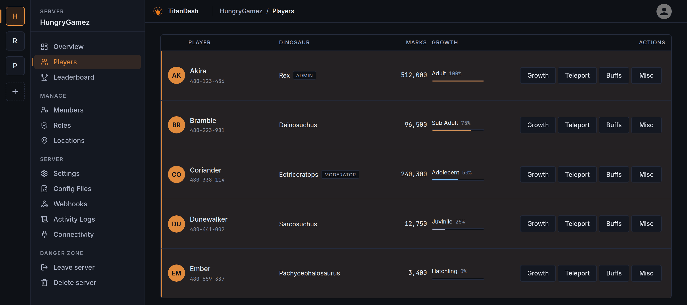The TitanDash players tab showing a live roster with per-player GM actions